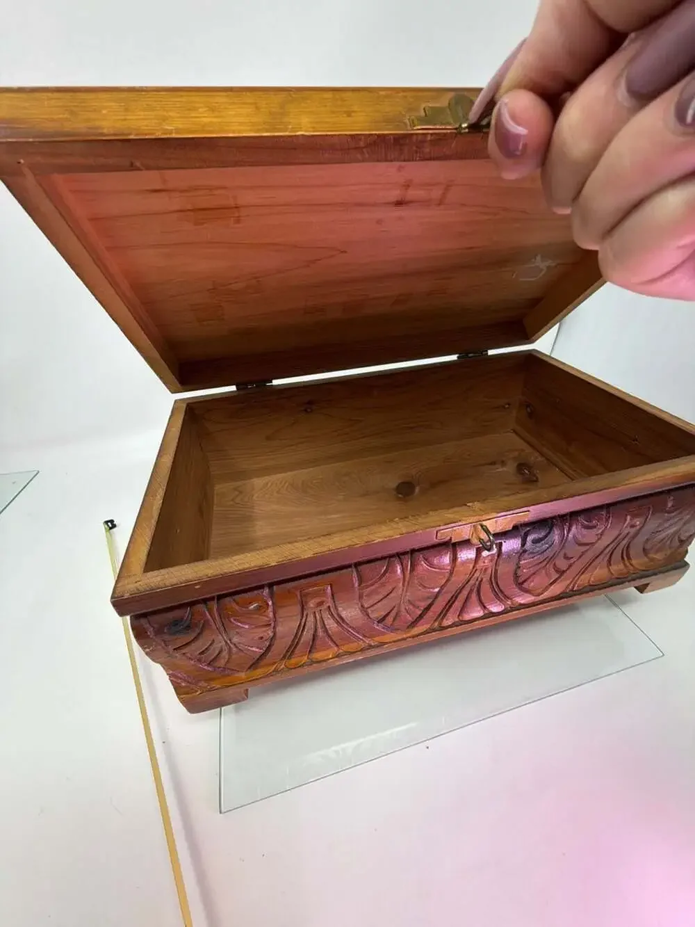 Vintage Hand Carved Wooden Jewelry Box With Metal Straps And Latch